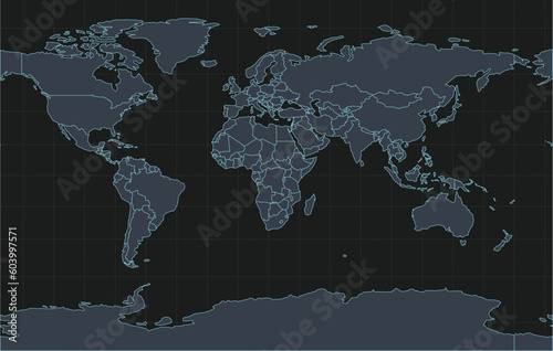 High quality flat vector World Map in grey & blue colors. Editable illustration in detail with national borders of the countries & graticules. Isolated on grey background with neon lighting effects.