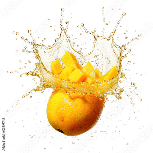 a mango with a dynamic mango lasse juice splash explosion on transparent background photo