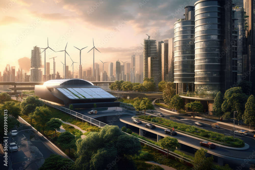 Fototapeta premium Renewable energy in a cityscape