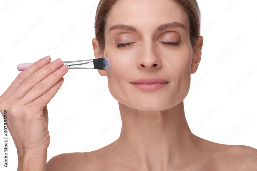 Woman with makeup brush on white background Woman with makeup brush on white background