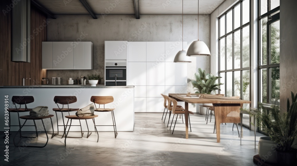 Modern spacious minimalistic kitchen with loft elements with large panoramic windows. Dining area, table and chairs. Combination of white color, wood and concrete. Comfortable living Generative AI Modern spacious minimalistic kitchen with loft elements with large panoramic windows. Dining area, table and chairs. Combination of white color, wood and concrete. Comfortable living Generative AI