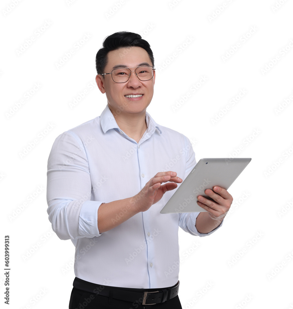 Businessman in formal clothes with tablet on white background Businessman in formal clothes with tablet on white background