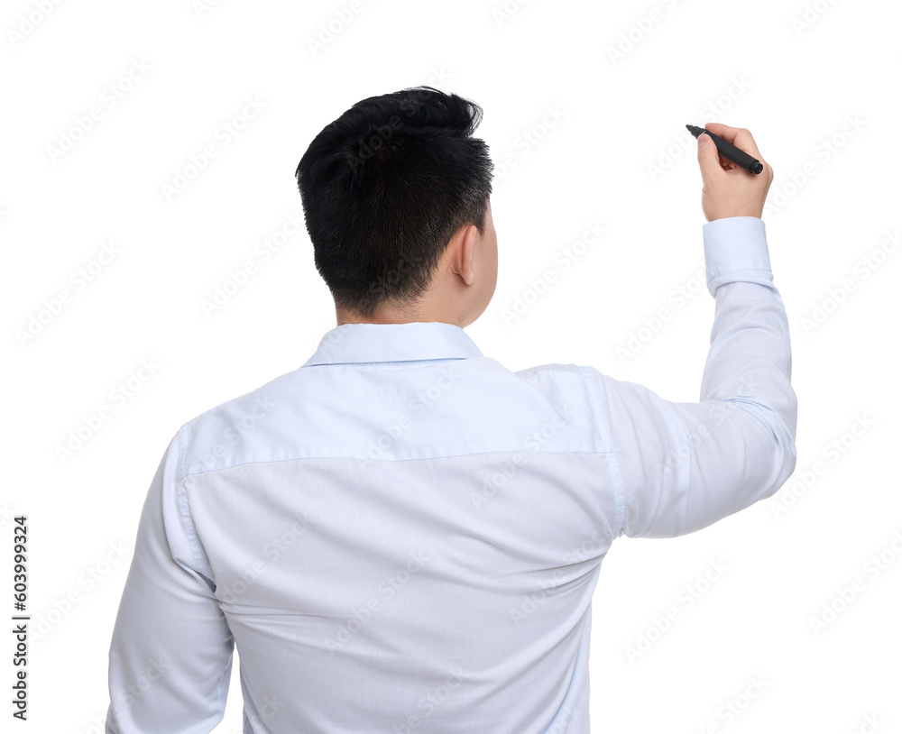 Businessman in formal clothes with marker writing on white background, back view Businessman in formal clothes with marker writing on white background, back view