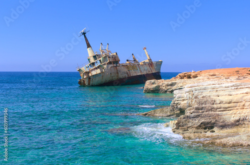 Fototapeta Naklejka Na Ścianę i Meble -  Old Edro III shipwreck near the coast - Paphos, Cyprus. Beautiful view of the bay on a sunny day.