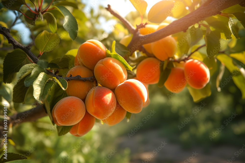 Apricot tree with ripe fruits hanging on a branch in orchard. Bunch of ripe apricots hanging on a tree in the garden. Generative AI