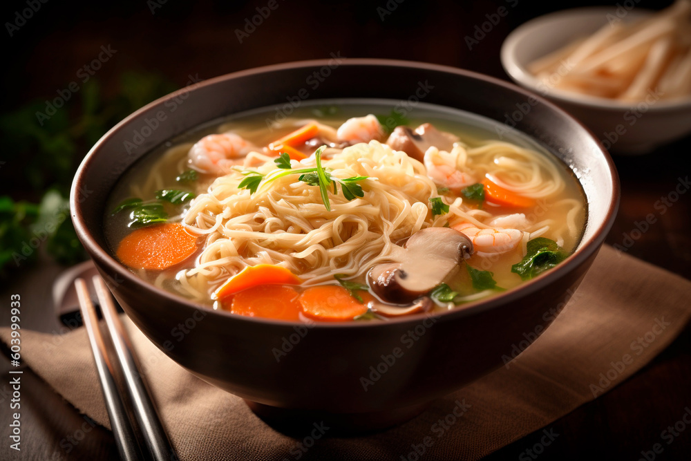 Noodle soup with vegetables and seafood, Asian cuisine. Generative AI Noodle soup with vegetables and seafood, Asian cuisine. Generative AI