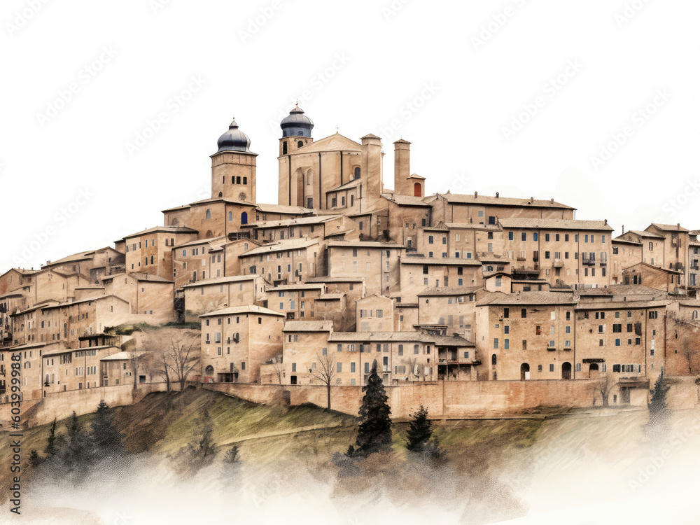 Panoramic view of Urbino city, Italy