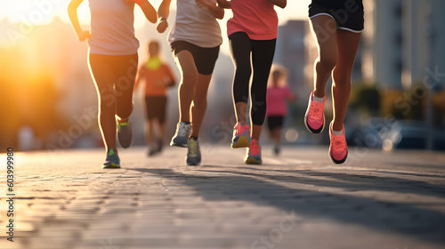 Biegające dzieci, młodzi sportowcy biegają w wyścigu dla dzieci, biegają na nogach po mieście, biegają w świetle poranka
