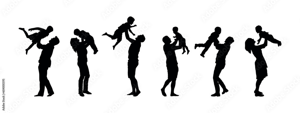 Parents lifting children in the air vector illustration set silhouette collection.