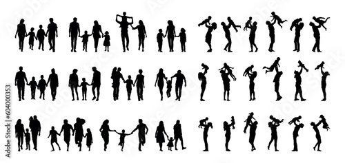 Family mom and dad walking and playing together with kids silhouettes set collection. Parents holding picking up lifting up children vector silhouettes.