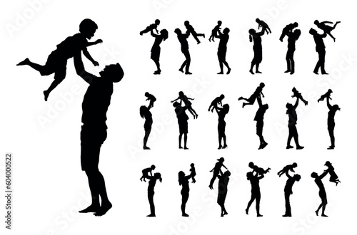 Family playing together lifting children kids up in the air vector illustration set silhouette collection.