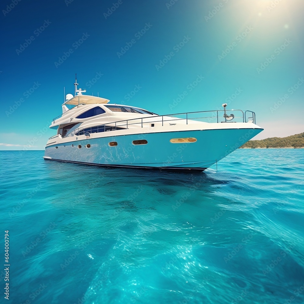 A floating modern luxury yacht in turquoise waters. AI