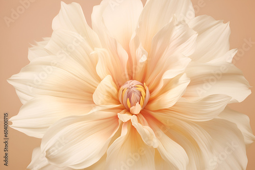 Big tender pale flower isolated on cream colored light pastel beige background. Minimalistic floral background in tender paslet orange colors. Peony floral banner  close up. Generative AI