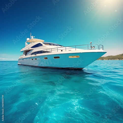 A floating modern luxury yacht in turquoise waters. AI ©  Creative_studio