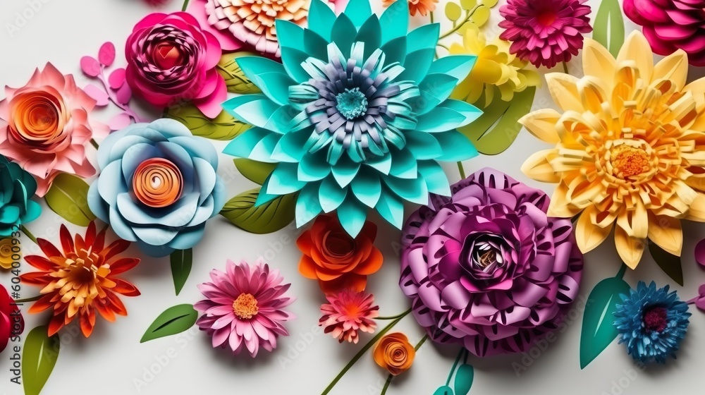 Abstract background with different paper flowers in quilling style. Blooming bouquet with leaves and swirl elements wallpaper for decoration. Horizontal illustration for banner design. Generative AI.
