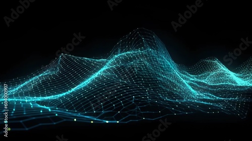 Abstract background with digital network waves and glowing dots and lines. Futuristic structure with neon connection datum at dark backdrop. Horizontal illustration for banner design. Generative AI.