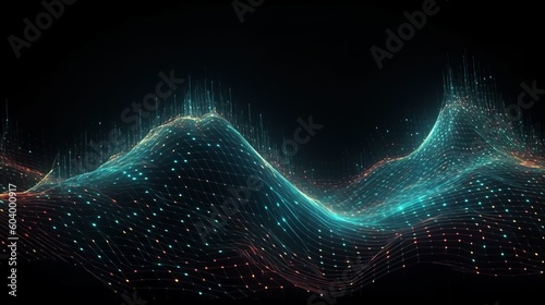 Abstract background with network waves and glowing particles, dots and lines. Futuristic digital structure with connection at dark backdrop. Horizontal illustration for banner design. Generative AI.