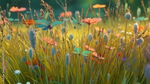 Abstract background with meadow and flying dragonflies with blue wings. Beautiful wildflowers, different flowers and grass botanical wallpaper. Horizontal illustration for banner design. Generative AI