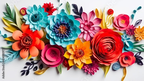 Abstract background with colorful paper cut flowers and leaves in quilling style. Summer or spring blooming bouquet botanical wallpaper. Horizontal illustration for banner design. Generative AI. © NeuralStudio