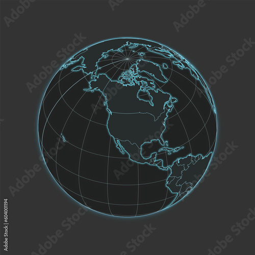 High quality vector World/North America Map - globe in grey & blue colors. Isolated detailed editable illustration with countries & graticules on dark grey background with neon lighting effects.