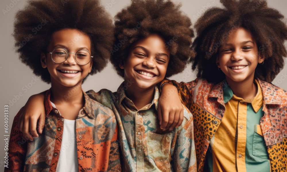 Three afro cheerful kids in colorful clothes create a lively tableau against a studio backdrop. Generative A