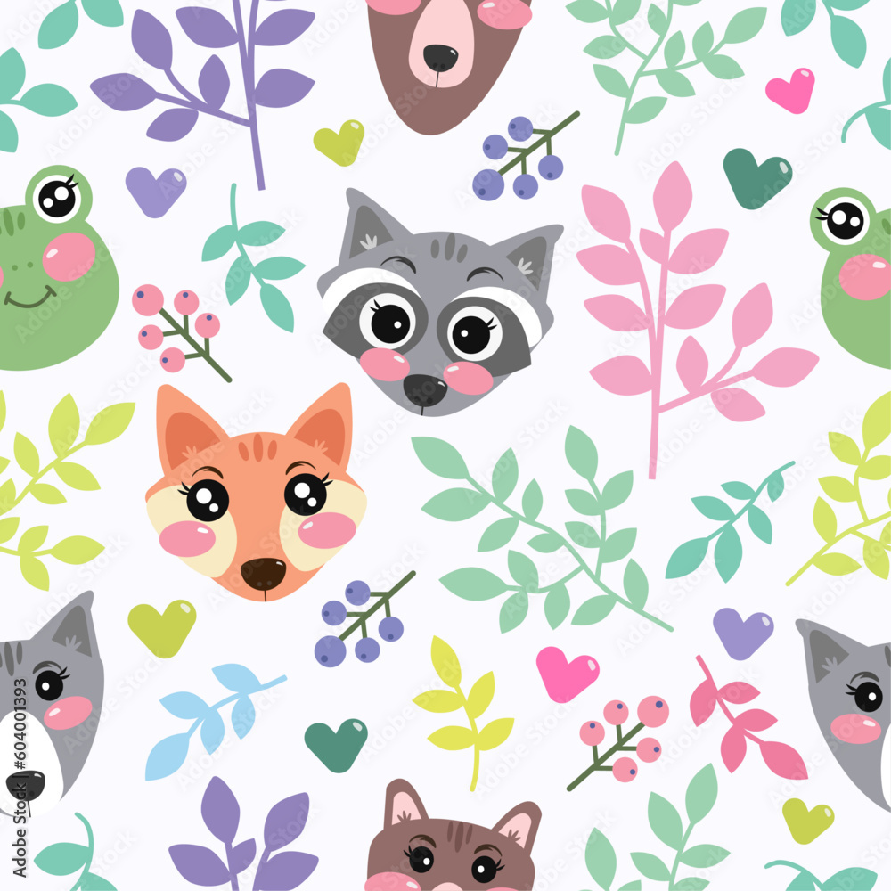 nursery seamless pattern with forest cutie animals on white background