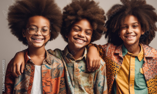 Three afro cheerful kids in colorful clothes create a lively tableau against a studio backdrop. Generative A