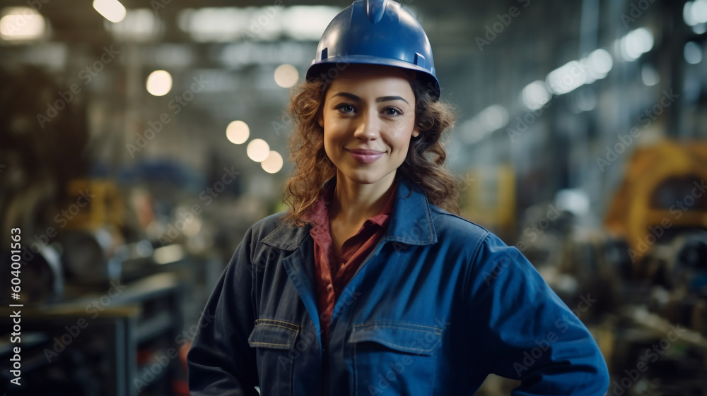 Portrait of a female engineer in uniform working in a professional factory, AI generative