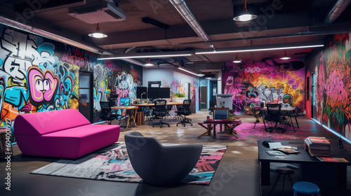 Artistic Vibrancy: A Colorful Office Illuminated by Neon Lights, Featuring Graffiti Art and Eclectic Decor