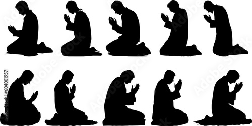 set of silhouettes of men raising their hands in prayer, kneeling and bowing