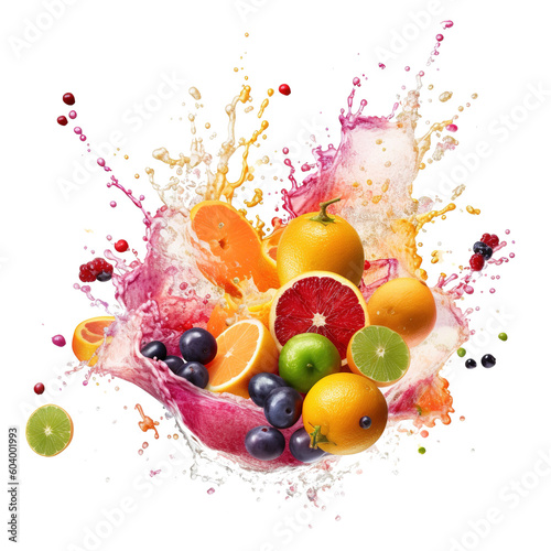 a colorful multi-vitamin fruit juice splash explosion on transparent background