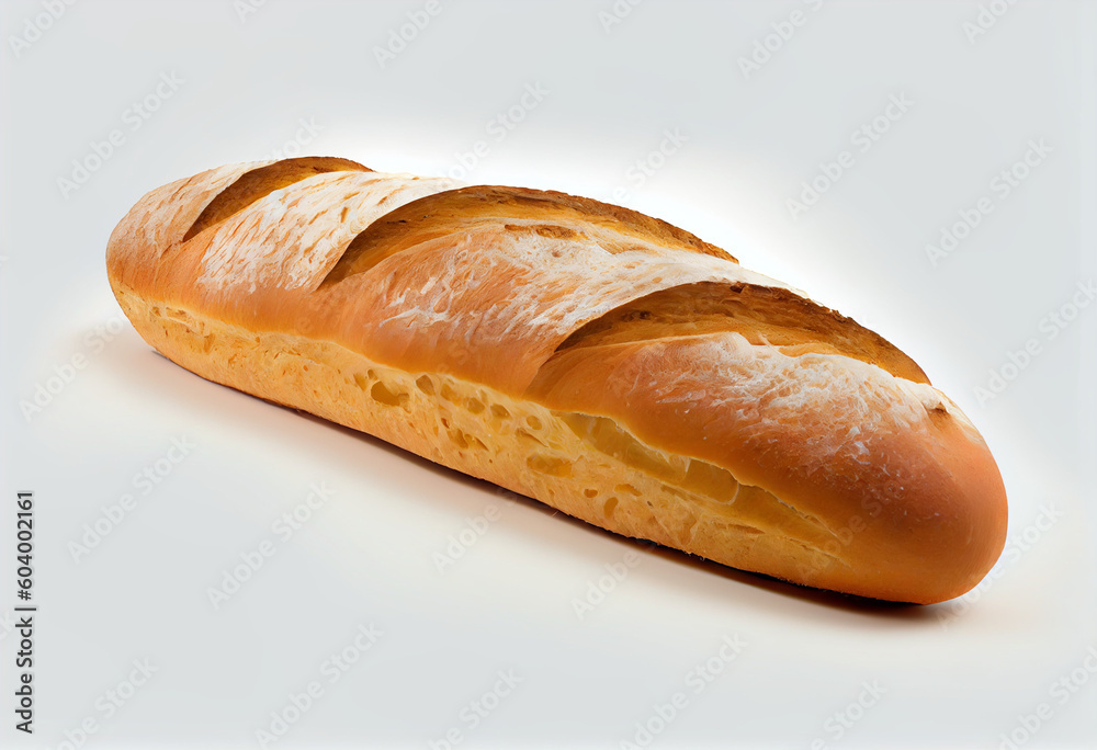 Baguette lies on white background in the form of realistic details. Generative AI Baguette lies on white background in the form of realistic details. Generative AI
