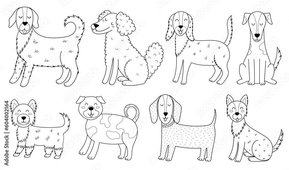Cute dogs collection in black and white. Funny puppy characters outline set for coloring book and kids design. Vector illustration
