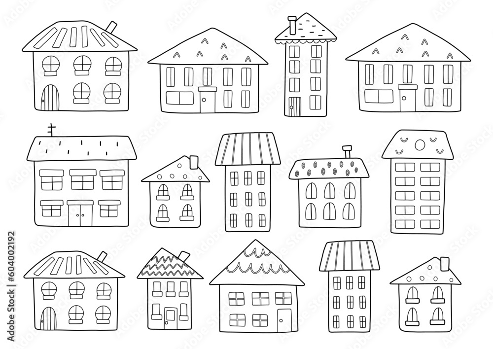Cute doodle houses collection. Outline home elements isolated on white. Hand drawn buildings set for coloring pages and kids design. Vector illustration