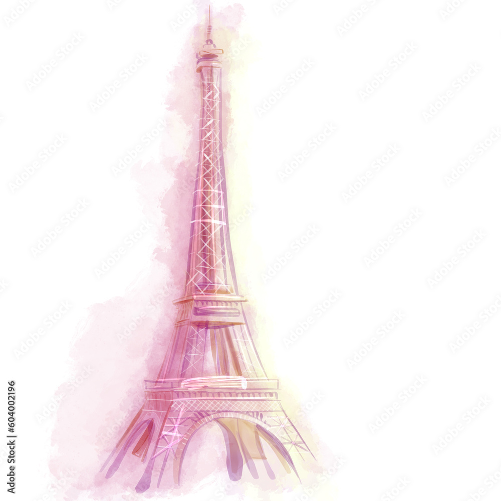 Watercolor drawing of Eiffel tower in Paris on white background, isolated, romantic style