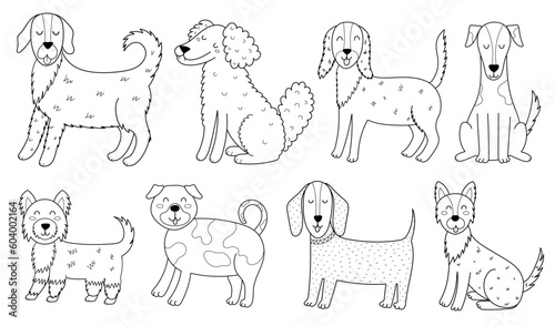 Cute dogs collection in black and white. Funny puppy characters outline set for coloring book and kids design. Vector illustration