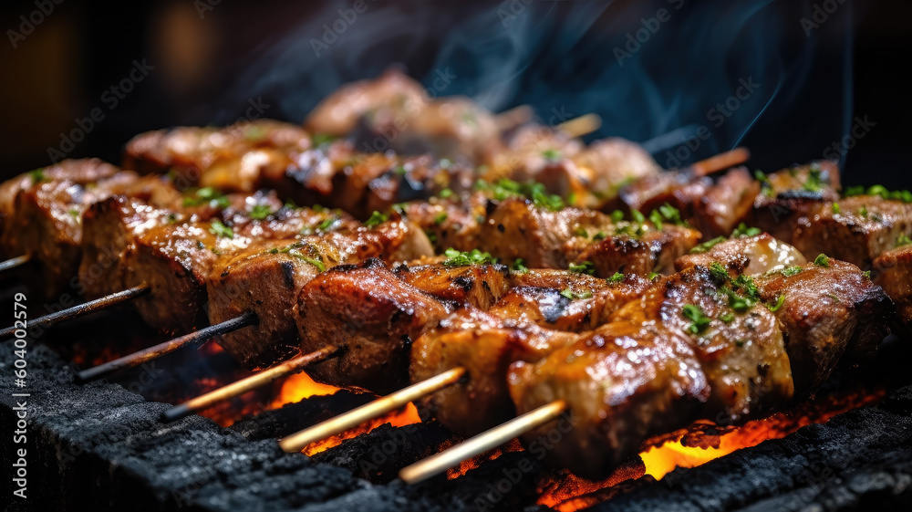 Close-up of big pieces of fried meat on a skewer. Delicious, juicy pork kebab grilled