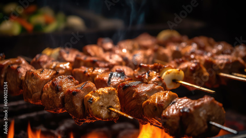 Close-up of big pieces of fried meat on a skewer. Delicious, juicy pork kebab grilled