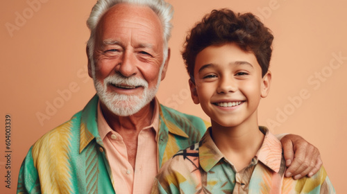 A grandfather and grandson celebrate their special connection with genuine smiles while posing on a studio background. Generative AI
