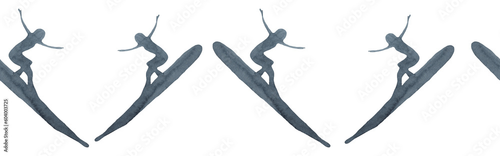 Naklejka premium Surf woman decorative elements border man riding on surfboard over waves isolated silhouette blue illustration on white background.