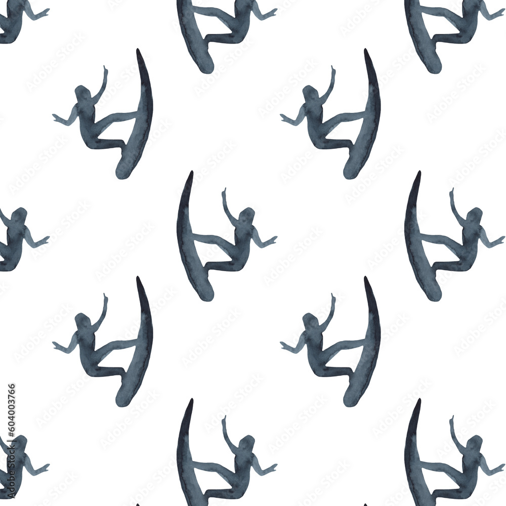 Surf girl decorative pattern with people riding on surfboard over waves flat isolated flat illustration on white background. Surf girl decorative pattern with people riding on surfboard over waves flat isolated flat illustration on white background.