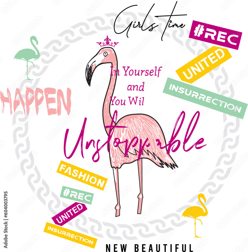 lettering and flamingo print pattern