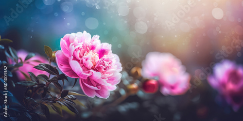 Peony flowers. Pink peony in garden, blurred background. Generative ai illustration