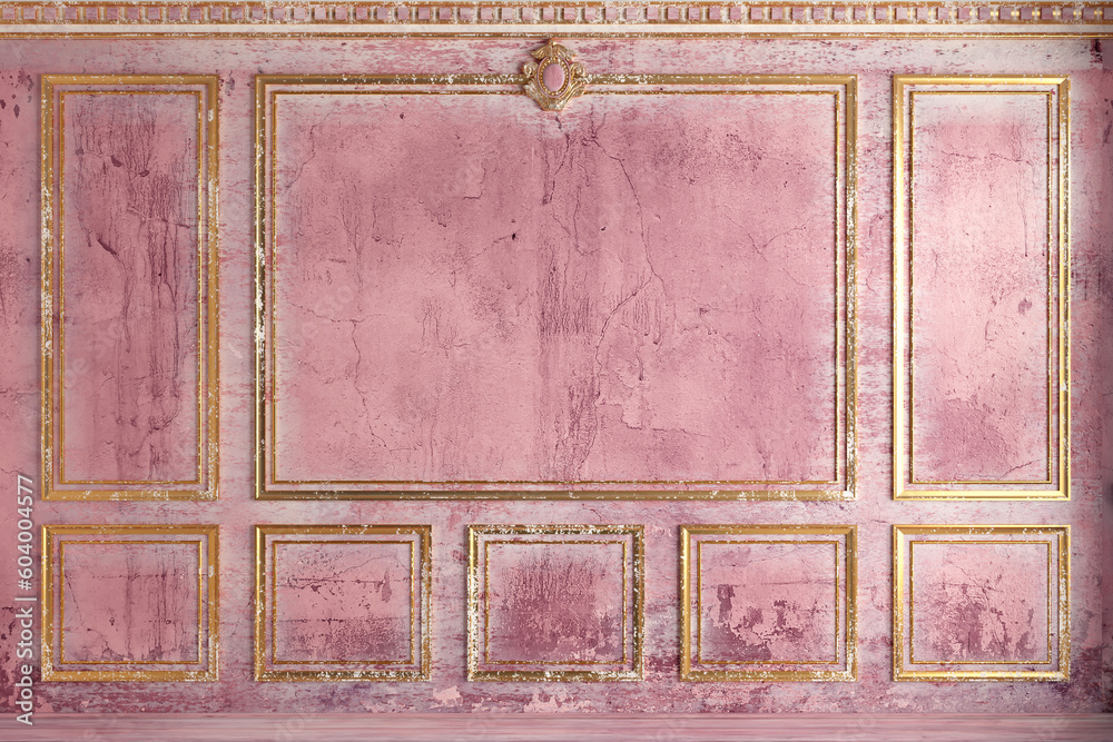 Fototapeta premium Classic wall of old gold stucco panels pink paint