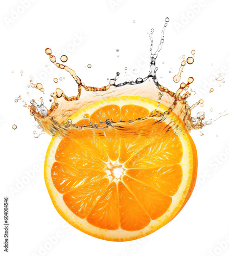 a fresh  ripe orange with dynamic orange juice splash explosion on transparent background