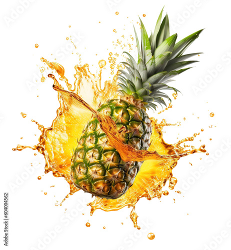 a fresh, ripe pineapple with a pineapple juice splash on transparent background