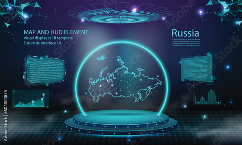 russia map light connecting effect background. abstract digital technology UI, GUI, futuristic HUD Virtual Interface with russia map. Stage futuristic podium in fog.