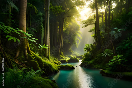 The Green Oasis  Unveiling the Beauty of a Forest Bursting with Green Trees and Meandering Rivers  a detailed matte painting  photorealism  volumetric lighting  matte painting  Generative AI