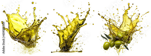 dynamic, fresh olive oil splash variations on transparent background photo
