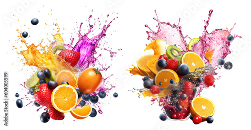 colorful multi-vitamin fruit juice splash variations on transparent background